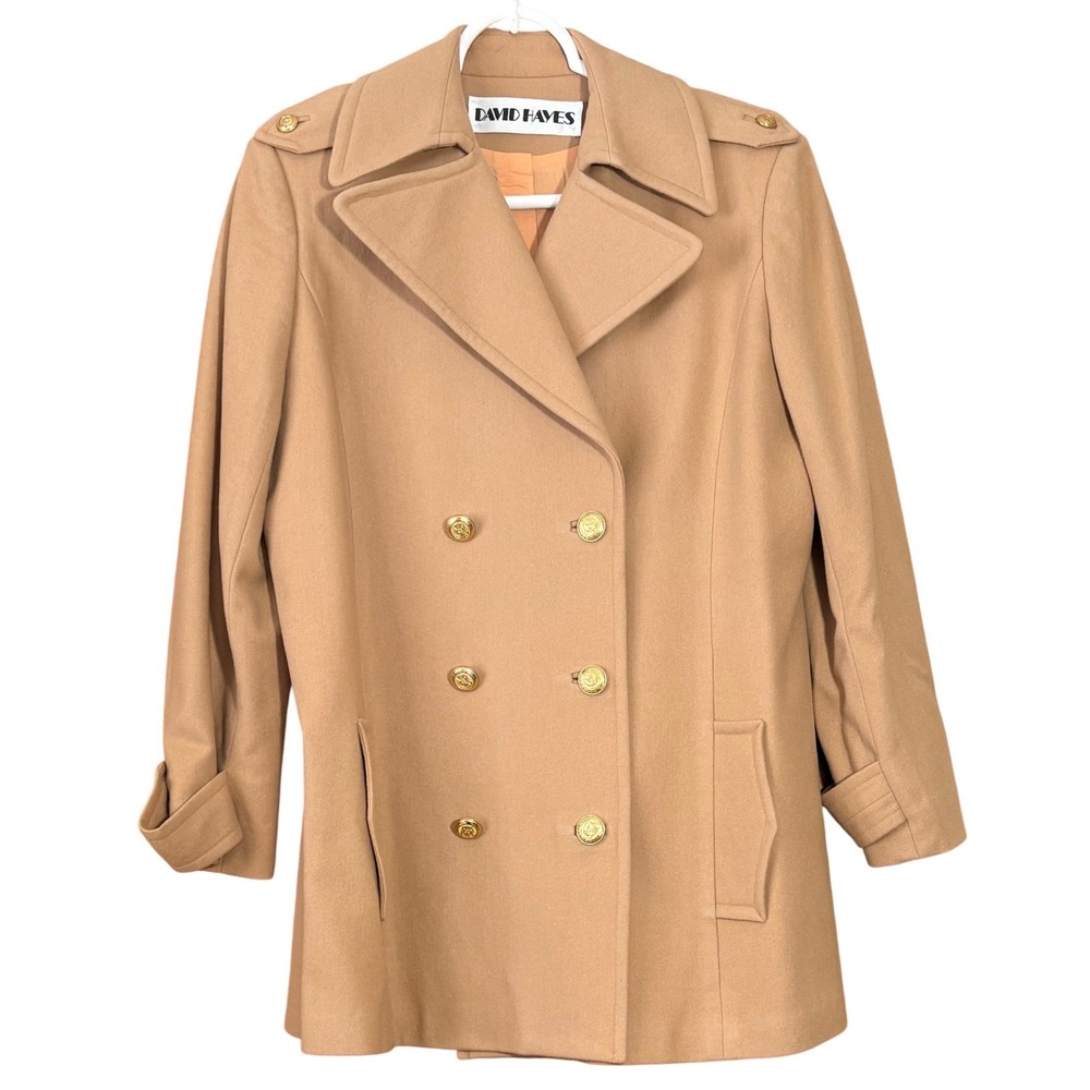 Rare VTG David Hayes Designer Womens Camel Classic Double Breasted Wool Coat Sz8